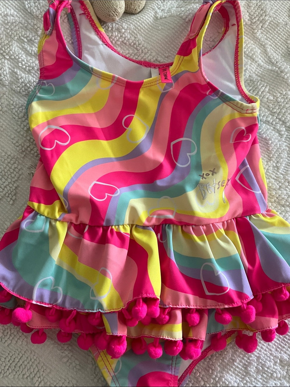 Betsey Johnson Girls Rainbow Wave One-Piece Swimsuit - Pink, Yellow, Aqua